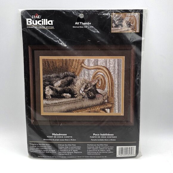 Bucilla Cat Wicker Chair Counted Cross Stitch Kit VTG 2004 All Thumbs 43472 NOS - Picture 1 of 5